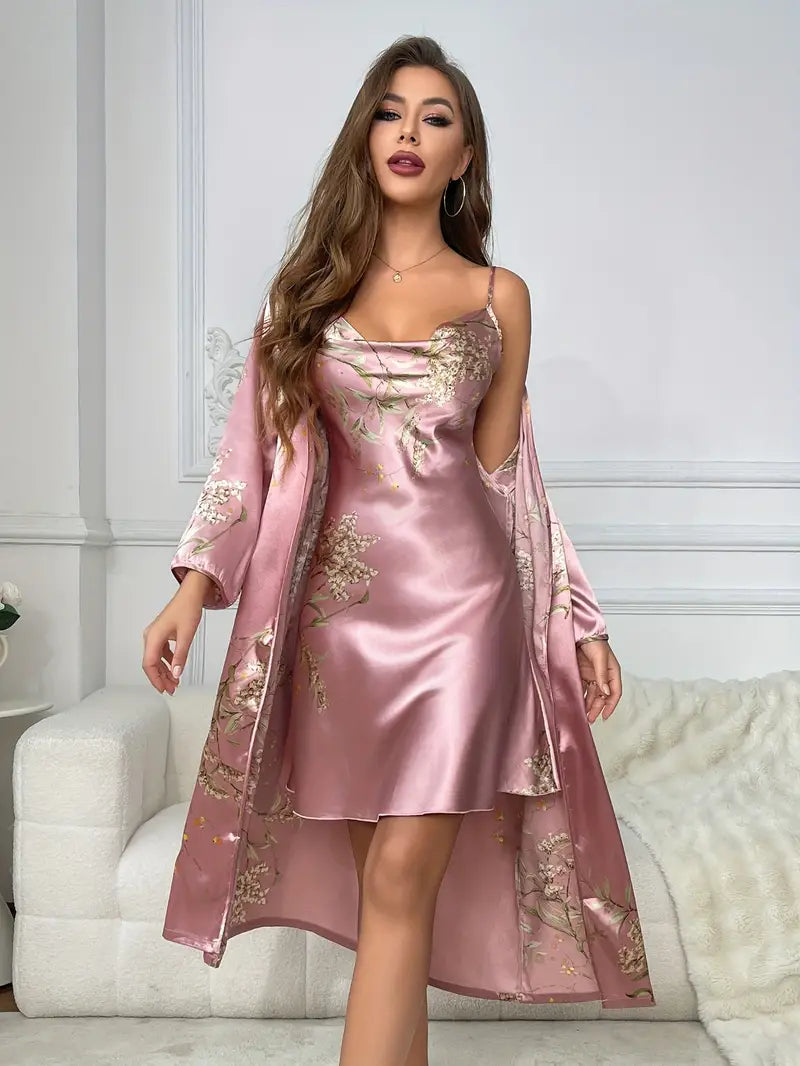 Elegant Cherry Blossom Print Satin Sleepwear Set - 2-Piece Robe and Turtleneck Slip Dress for Women, Perfect for Fall & Winter