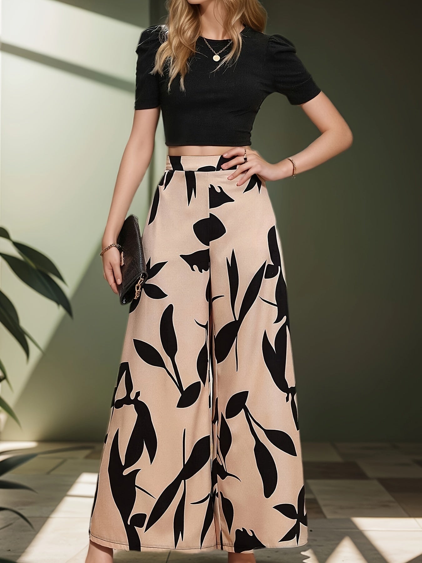 Elegant Two-Piece Pantsuit Set - Solid Color Crew Neck T-Shirt & Leaf Print Wide Leg Pants Outfit for Women