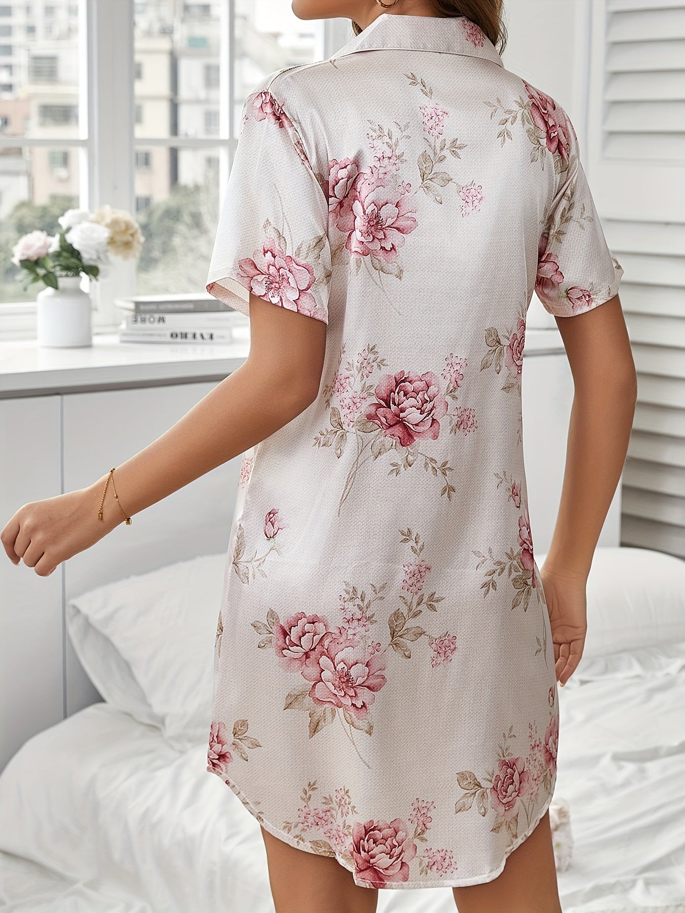 Floral Print Satin Nightgown - Casual Short Sleeve Button-Up Lapel Shirt Dress for Women's Sleepwear