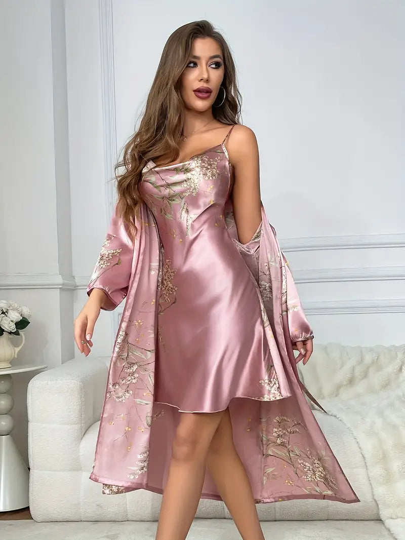 Elegant Cherry Blossom Print Satin Sleepwear Set - 2-Piece Robe and Turtleneck Slip Dress for Women, Perfect for Fall & Winter