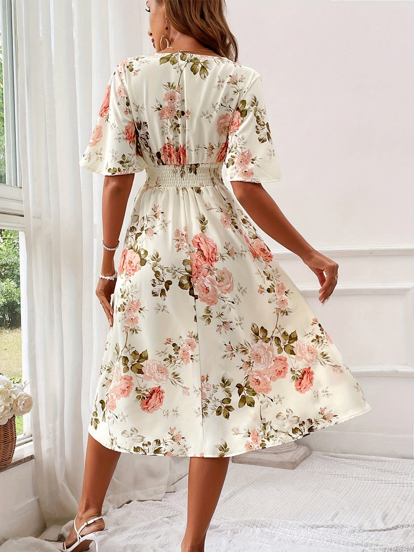 Floral V-Neck Dress with Ruffle Sleeves - Elegant & Flowy, Ideal for Spring & Summer - Women’s Fashion