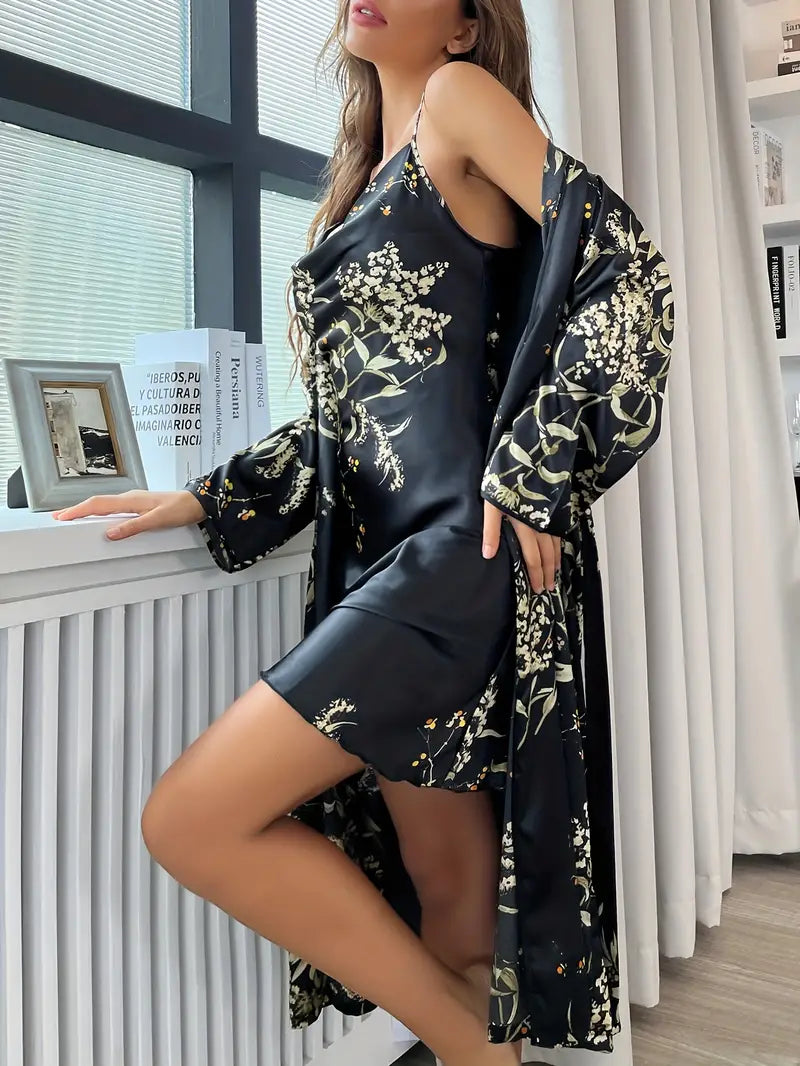 Elegant Cherry Blossom Print Satin Sleepwear Set - 2-Piece Robe and Turtleneck Slip Dress for Women, Perfect for Fall & Winter