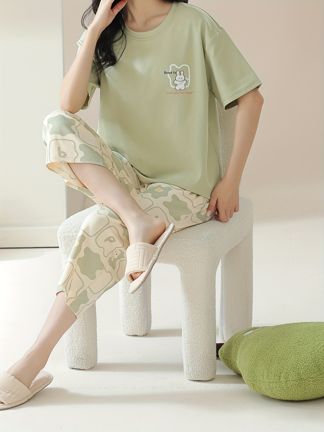 Cute Rabbit Print Loose Fit Pajama Set - Short Sleeve Round Neck Top and Capri Pants for Women's Sleepwear