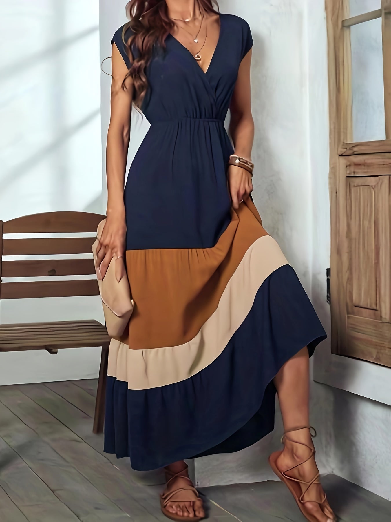 Elegant Sleeveless Color Block Maxi Dress with Surplice Neckline - Stylish Women’s Apparel