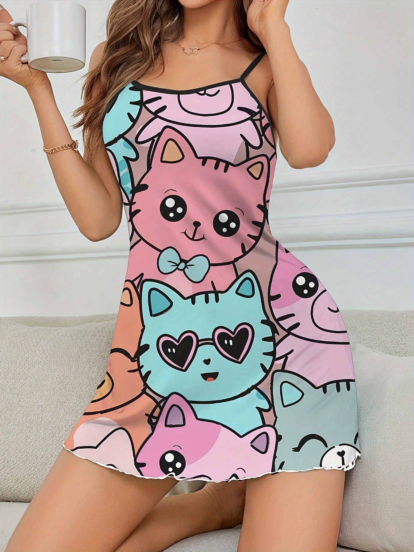 Cute Cat Print Frill Trim Lounge Dress - Round Neck Backless Slip Dress for Women’s Loungewear