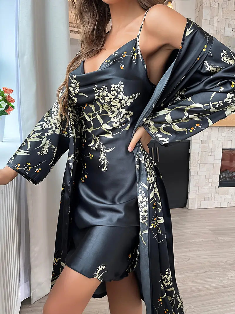 Elegant Cherry Blossom Print Satin Sleepwear Set - 2-Piece Robe and Turtleneck Slip Dress for Women, Perfect for Fall & Winter