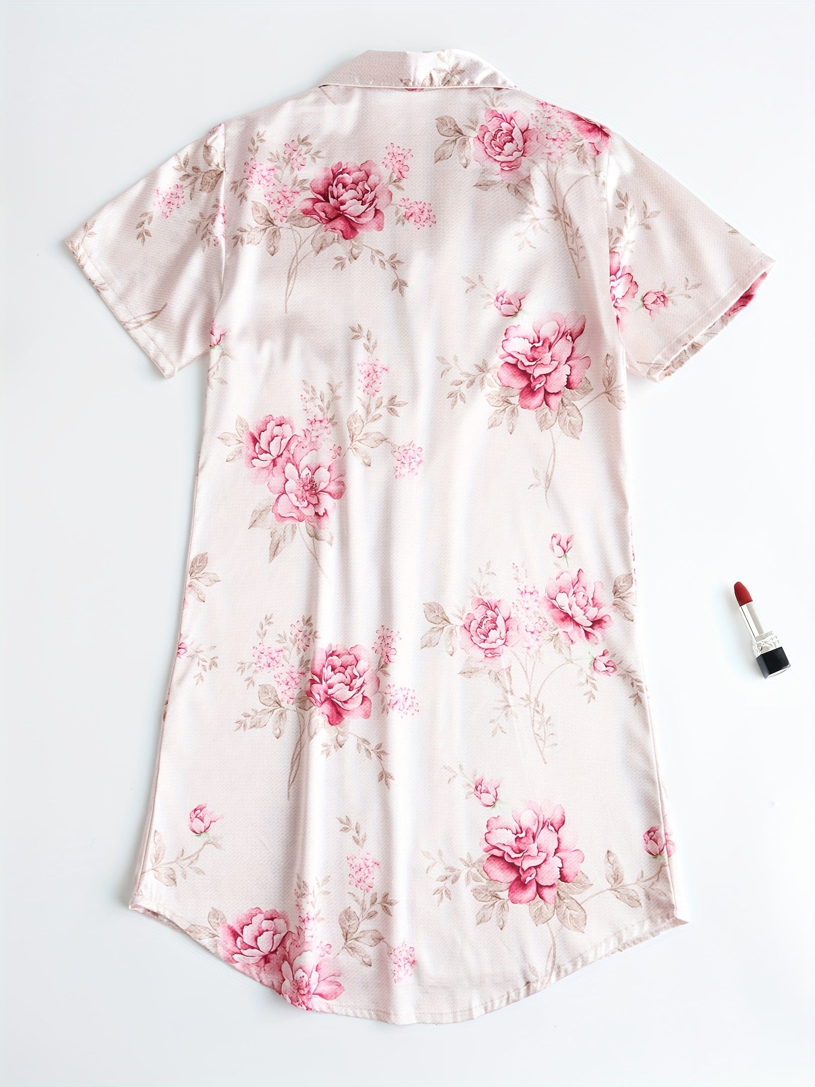 Floral Print Satin Nightgown - Casual Short Sleeve Button-Up Lapel Shirt Dress for Women's Sleepwear