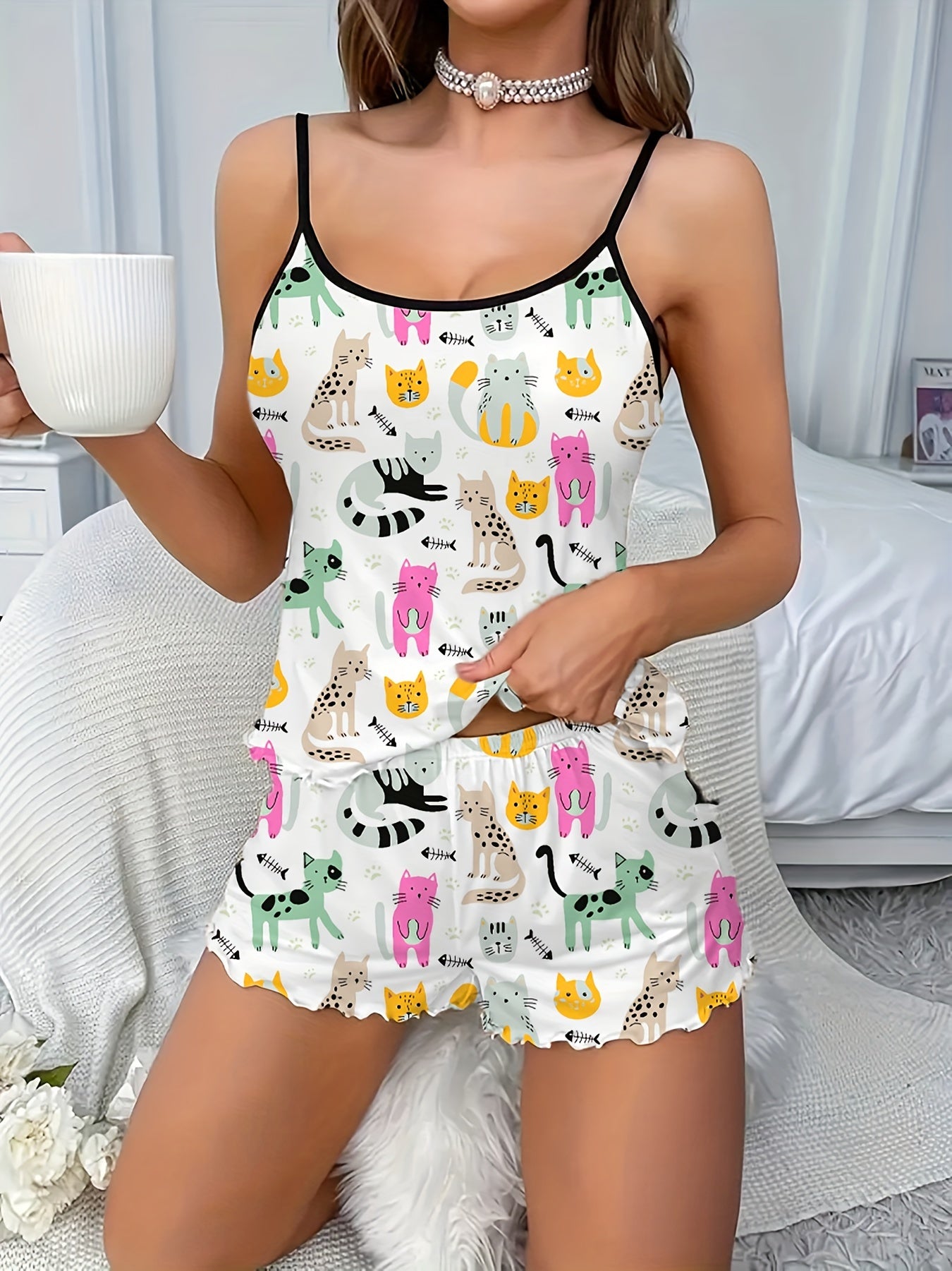 Allover Cartoon Cat Print Pajama Set - Frill Trim Round Neck Backless Cami Top and Shorts for Women, Casual and Comfortable Relaxed Fit