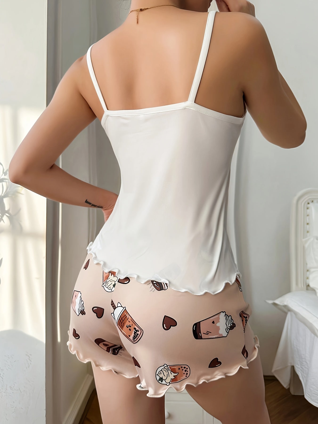 Coffee & Letter Print Frill Trim Pajama Set - Cute Round Neck Backless Cami Top and Shorts for Women, Comfortable Relaxed Fit Summer Nightwear