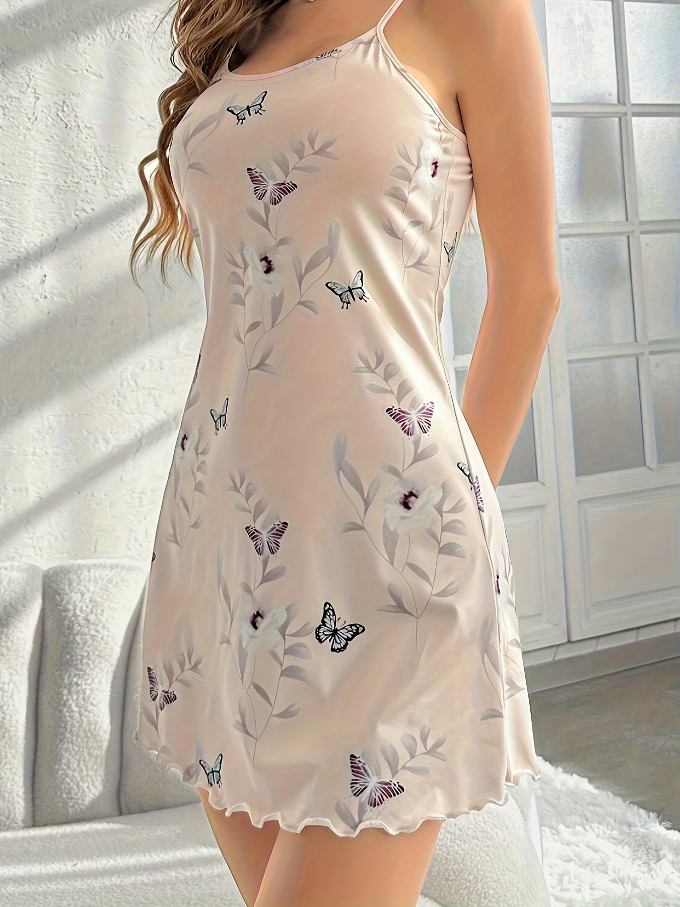 Butterfly & Floral Print Nightgown - Casual Round Neck Backless Frill Trim Slip Dress for Women