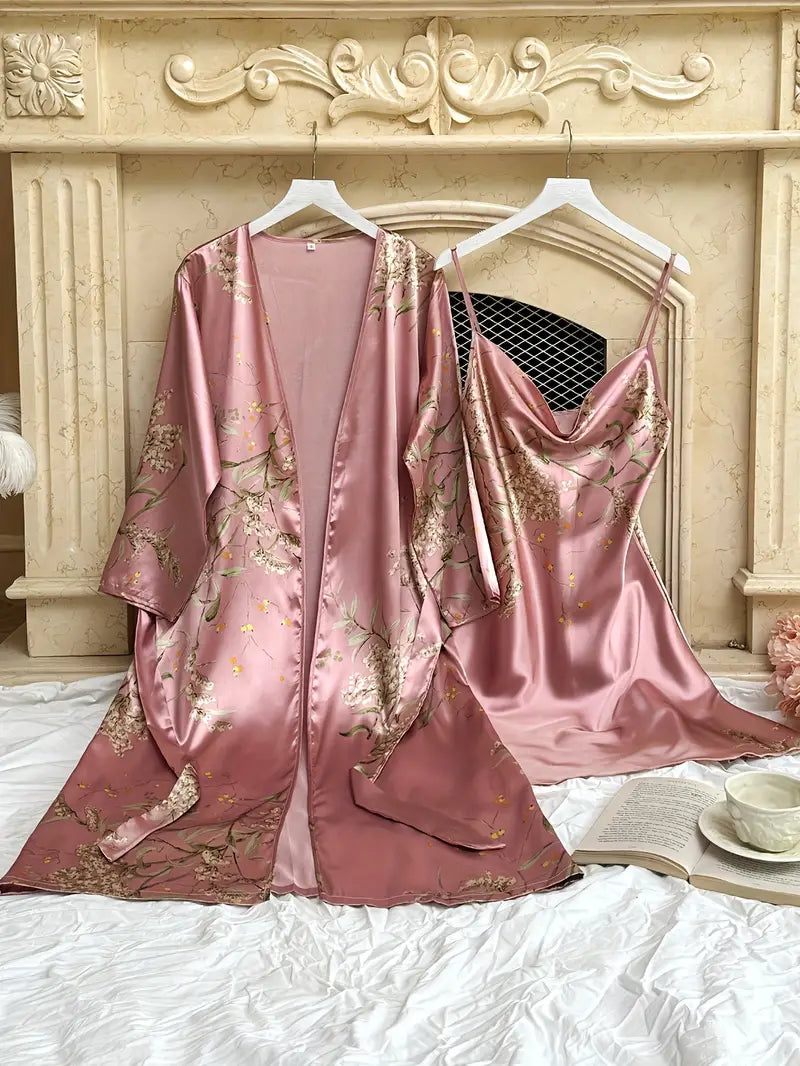 Elegant Cherry Blossom Print Satin Sleepwear Set - 2-Piece Robe and Turtleneck Slip Dress for Women, Perfect for Fall & Winter