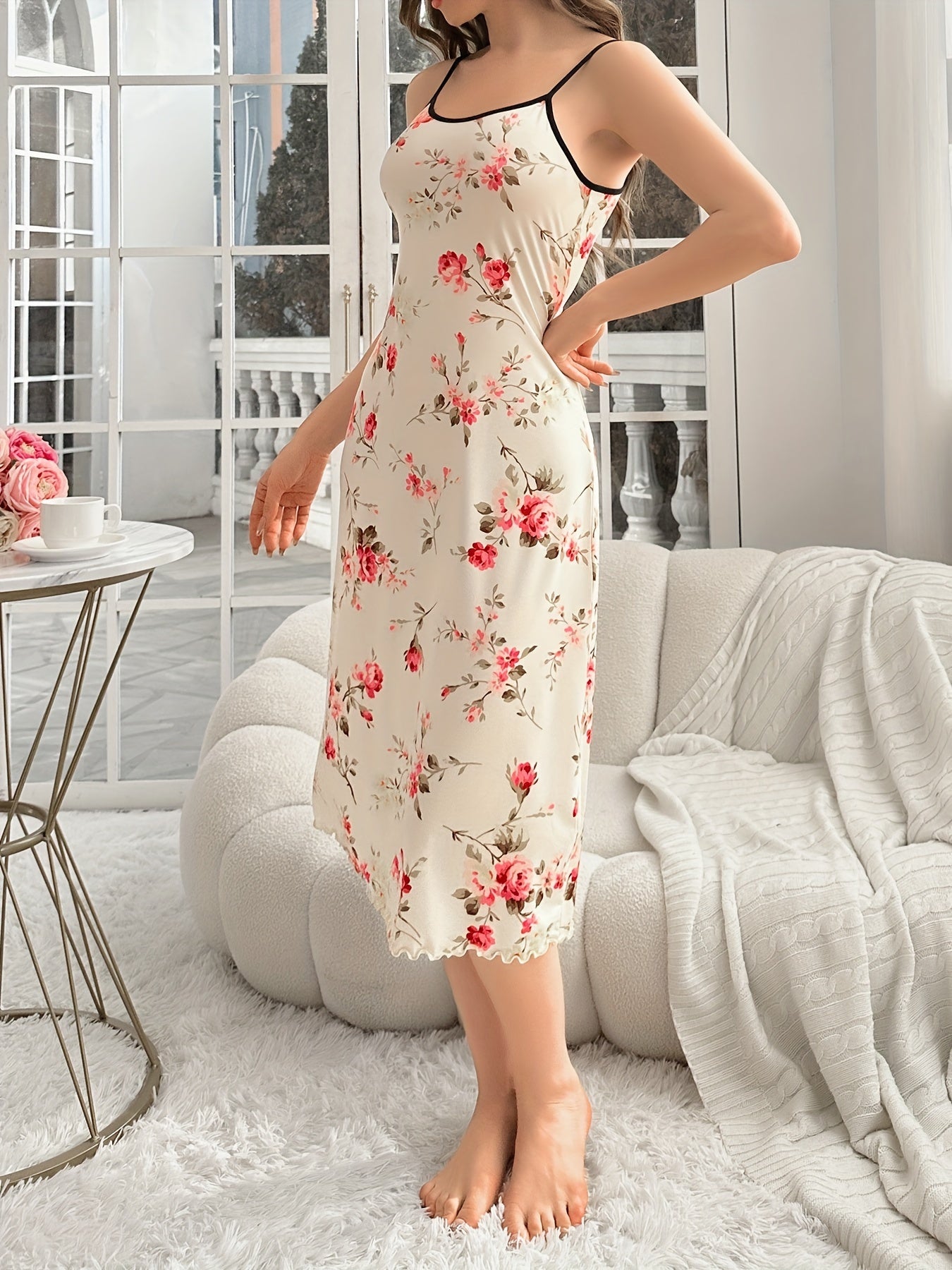 Casual Floral Print Slip Nightdress - Lettuce Trim, Round Neck, Backless Midi Sleep Dress for Women