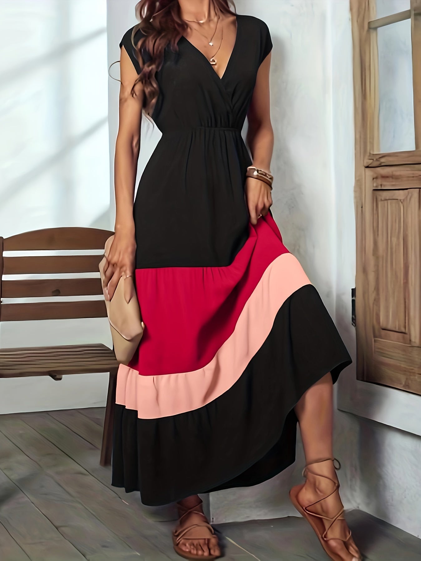 Elegant Sleeveless Color Block Maxi Dress with Surplice Neckline - Stylish Women’s Apparel