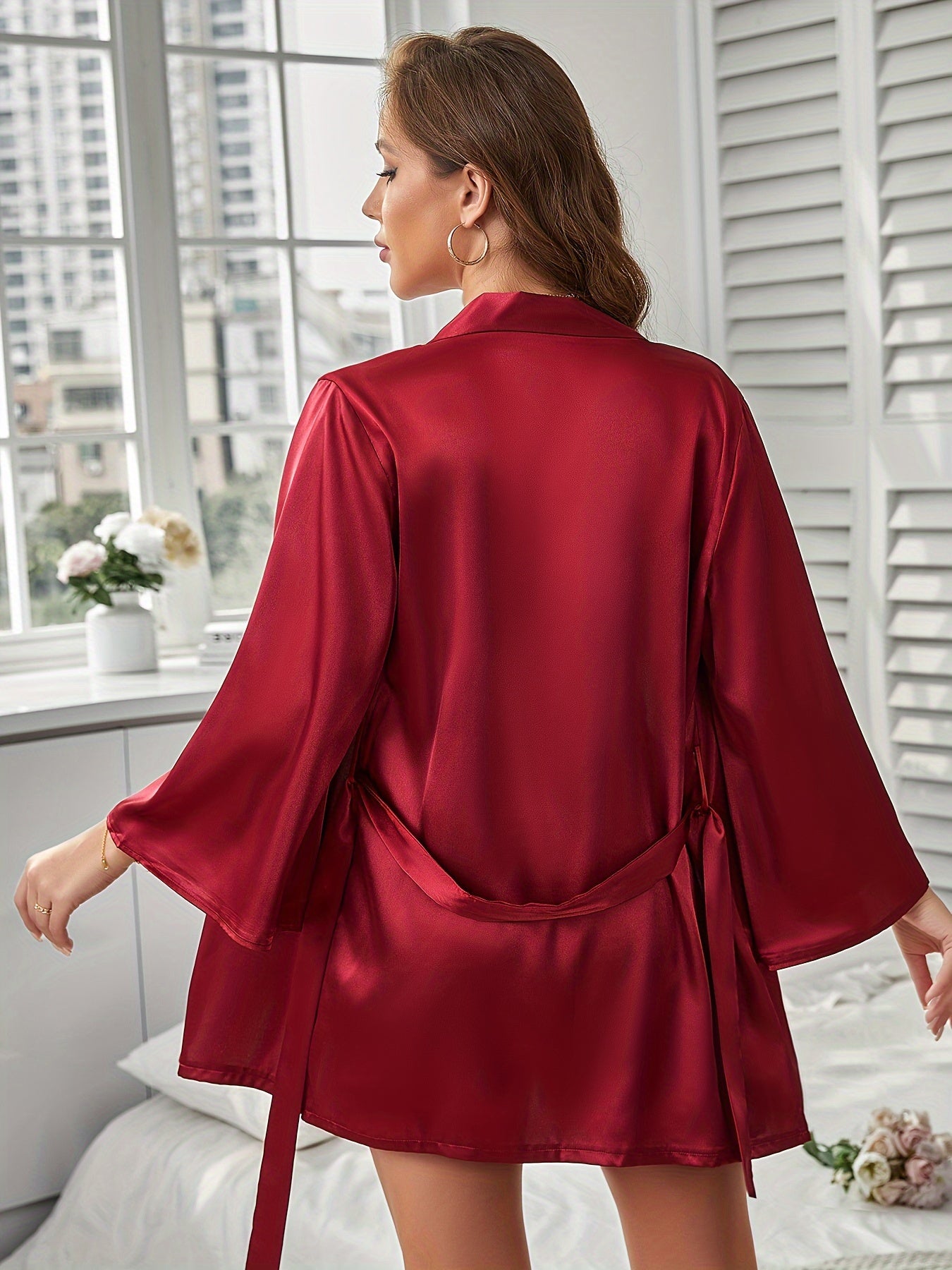 Women's Sexy Solid Satin Pajama Set - Long Sleeve Belted Robe, Lace Triangle Bra & Shorts for Comfortable Relaxed Fit