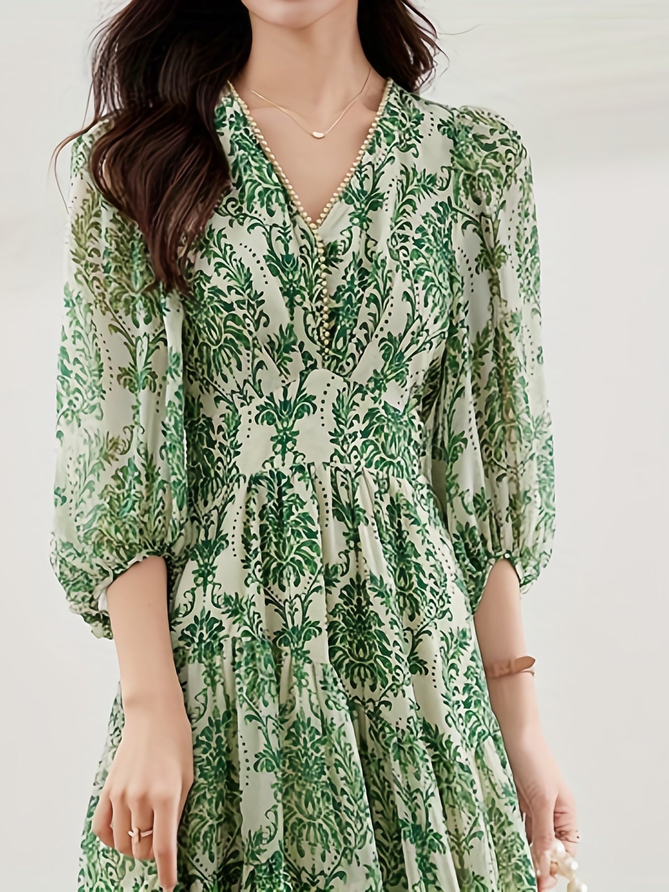 Mandala Print Dress with Lantern Sleeves - V-Neck, Cinched Waist - Casual Women’s Fashion