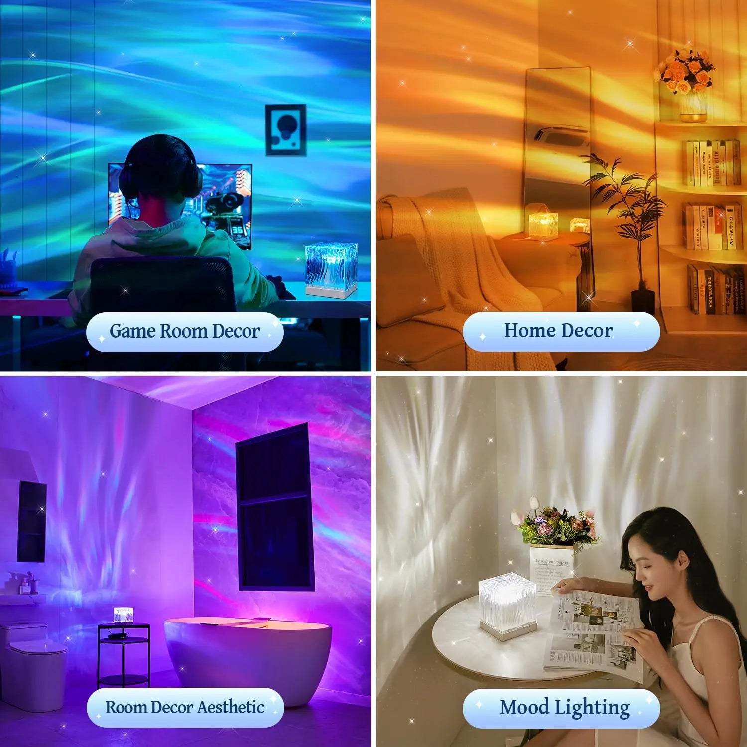 Stress Relief Lamp - Qrismora Northern Lights & Water Ripple Projector - 16-Color Ceiling Ambiance with Ocean Wave & Sunset Light Effects, Remote Controlled | Ideal for Home Decor, Relaxation & Gifts